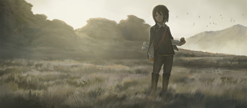 .kitsuna 1girl belt bird black_eyes black_footwear black_hair boots day flock grass grey_pants highres jacket long_sleeves original outdoors pants scenery scroll short_hair solo standing