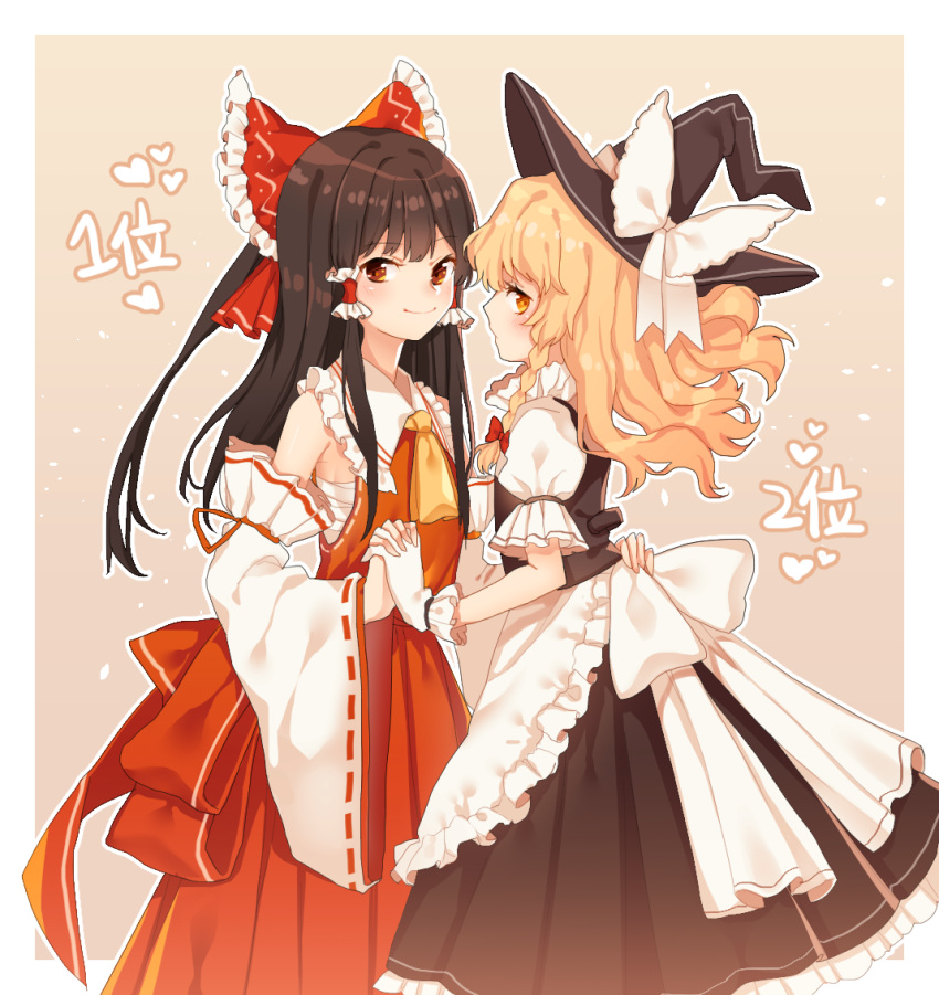 2girls apron ascot bare_shoulders black_hair black_hat blush bow braid brown_eyes commentary_request detached_sleeves frilled_apron frilled_bow frilled_shirt_collar frills from_side gloves hair_bow hair_ribbon hair_tubes hajin hakurei_reimu hand_holding hand_on_another's_hip hat hat_bow heart interlocked_fingers japanese_clothes kirisame_marisa long_hair long_sleeves looking_at_viewer miko multiple_girls orange_eyes orange_hair outline petticoat ponytail profile puffy_short_sleeves puffy_sleeves red_bow red_ribbon ribbon ribbon-trimmed_sleeves ribbon_trim sarashi shirt short_sleeves side_braid sidelocks simple_background single_braid skirt skirt_set smile standing tan_background touhou vest waist_apron wavy_hair white_apron white_bow white_gloves white_outline wide_sleeves witch_hat yellow_neckwear yuri