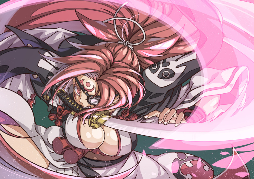 1girl baiken black_jacket breasts colored_eyelashes commentary_request eyelashes facial_tattoo guilty_gear highres jacket jacket_on_shoulders japanese_clothes katana kimono large_breasts long_hair looking_at_viewer mouth_hold one-eyed open_clothes open_kimono ougi-modoki pink_eyes pink_hair ponytail samurai sash scar scar_across_eye shiny shiny_skin skull_print solo sword tattoo tied_hair weapon white_kimono