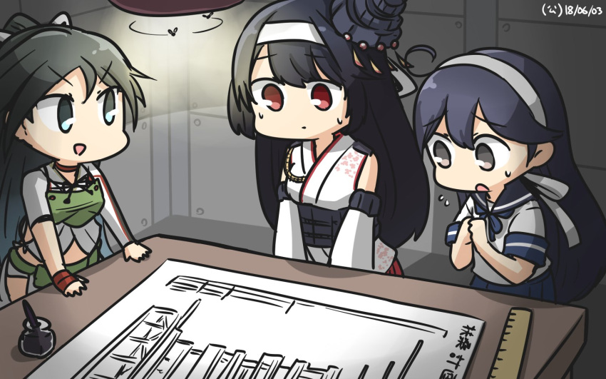 3girls :d bare_shoulders black_hair blue_eyes blue_sailor_collar blue_skirt brown_eyes dated detached_sleeves fusou_(kantai_collection) hair_ornament hamu_koutarou headband highres japanese_clothes kantai_collection katsuragi_(kantai_collection) long_hair multiple_girls nontraditional_miko open_mouth pleated_skirt red_eyes remodel_(kantai_collection) sailor_collar school_uniform serafuku short_sleeves skirt smile ushio_(kantai_collection) v-shaped_eyebrows white_headband