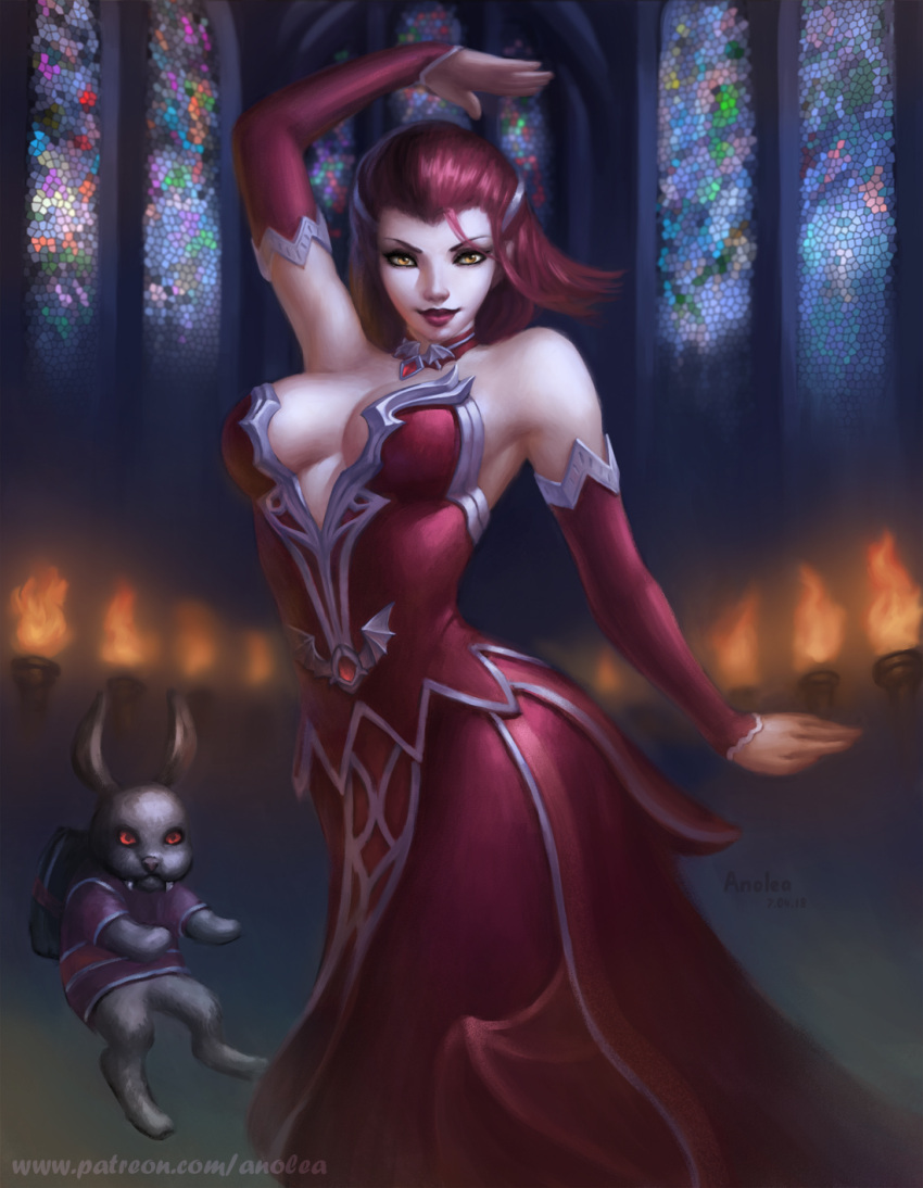 1girl alternate_costume animal_ears anolea artist_name breasts chang'e_(smite) cleavage dated fangs fire highres lipstick long_hair makeup patreon_username rabbit rabbit_ears redhead smite solo window yellow_eyes