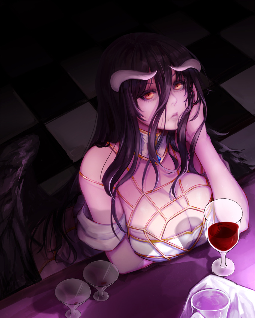 1girl albedo alcohol arm_under_breasts black_hair black_wings breasts closed_mouth commentary counter cup demon_girl demon_horns demon_wings detached_collar dress drink drinking_glass feathered_wings feathers glasses hair_between_eyes hand_on_own_cheek highres horns jewelry kibellin large_breasts looking_at_viewer low_wings necklace overlord_(maruyama) slit_pupils tile_floor tiled tiles white_dress wine_glass wings yellow_eyes