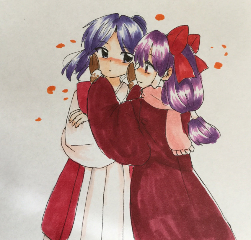 2girls bangs blue_eyes blue_hair blush bow commentary_request hair_bow hakototuki hakurei_reimu hakurei_reimu_(pc-98) hands_on_another's_cheeks hands_on_another's_face highres japanese_clothes long_hair long_sleeves looking_at_another low-tied_long_hair meira mittens multiple_girls parted_bangs petals purple_hair red_bow sketch touhou touhou_(pc-98) traditional_media violet_eyes yuri