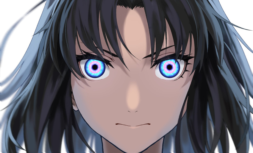 1girl blue_eyes blurry blurry_foreground brown_hair closed_mouth commentary_request depth_of_field eyes highres kara_no_kyoukai looking_at_viewer multicolored multicolored_eyes pink_eyes ryougi_shiki serious short_hair simple_background solo white_background zonotaida