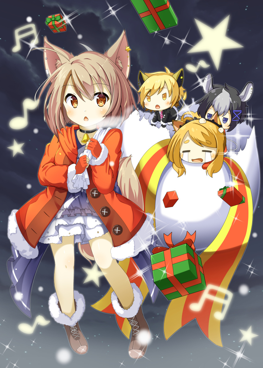4girls absurdres animal_ears black_hair blonde_hair box chaakusu cheety_(show_by_rock!!) chibi christmas coat collar crying ear_piercing expressionless fennery fox_ears fox_tail gift gift_box highres light_brown_hair long_sleeves lyna_(show_by_rock!!) multiple_girls musical_note piercing sack short_hair show_by_rock!! star streaming_tears tail tears zebrina_(show_by_rock!!)