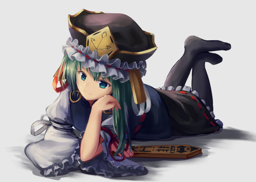 1girl armband bangs black_legwear black_skirt blue_eyes blue_vest frilled_hat frilled_skirt frilled_sleeves frills green_hair grey_background hat hat_ribbon head_rest head_tilt juliet_sleeves leg_lift long_hair long_sleeves looking_at_viewer lying no_shoes on_floor on_stomach ookashippo pantyhose puffy_sleeves ribbon ribbon-trimmed_skirt ribbon_trim rod_of_remorse shadow shiki_eiki simple_background skirt smile solo touhou vest