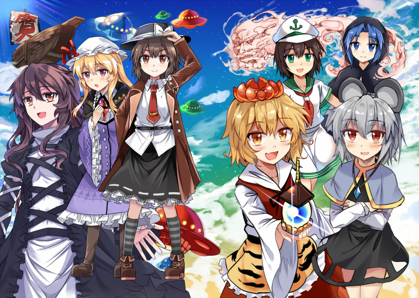 6+girls :d :o anchor_symbol animal_ears animal_print arm_up belt bishamonten's_pagoda black_belt black_cape black_dress black_hat black_neckwear black_ribbon black_skirt blonde_hair blue_dress blue_eyes blue_hair blue_sky blush boots bow breasts brooch brown_coat brown_eyes brown_footwear brown_hair cape capelet clouds coat collarbone commentary_request crossed_arms dress e.o. eyebrows_visible_through_hair fang fedora feet_out_of_frame frilled_dress frilled_sleeves frills full_body gradient_sky green_eyes green_sky grey_capelet grey_hair grey_legwear hair_between_eyes hair_bow hair_ornament hand_on_headwear hand_on_own_chest hat hat_bow hat_ribbon highres hijiri_byakuren holding hood jewelry juliet_sleeves kumoi_ichirin long_hair long_sleeves looking_at_viewer maribel_hearn medium_breasts mob_cap mouse_ears multiple_girls murasa_minamitsu nazrin neck_ribbon necktie open_mouth outdoors palanquin_ship pendant petticoat puffy_sleeves purple_dress red_dress red_eyes red_neckwear red_ribbon ribbon ribbon-trimmed_skirt ribbon_trim sailor_collar sailor_hat sailor_shirt shirt short_hair sidelocks skirt sky smile sparkle standing star_(sky) starry_sky striped striped_legwear thighs tiger_print toramaru_shou touhou translation_request ufo unzan usami_renko violet_eyes white_bow white_hat white_shirt white_skirt wide_sleeves wing_collar yellow_eyes yellow_sky