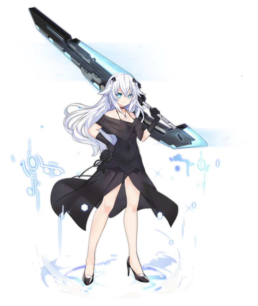 &gt;:) 1girl azur_lane bangs bare_shoulders black_choker black_dress black_flower black_footwear black_gloves black_heart black_rose blue_eyes breasts bright_pupils choker cleavage collarbone covered_navel crossed_bangs dot_nose dress dress_lift flower full_body gloves hair_between_eyes hair_flaps hair_ornament hand_on_hip high_heels highres holding holding_sword holding_weapon jewelry legs legs_apart long_hair medium_breasts necklace neptune_(series) no_bra off_shoulder official_art over_shoulder power_symbol rose see-through shoes solo standing sword symbol-shaped_pupils tachi-e transparent_background tsunako v-shaped_eyebrows weapon weapon_over_shoulder white_hair white_pupils wind wind_lift