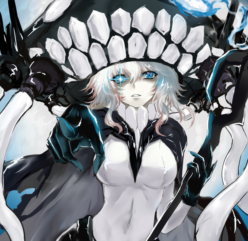 1girl black_gloves blue_eyes bodysuit cape commentary_request fengya gloves glowing glowing_eye hat kantai_collection looking_at_viewer monster pale_skin pointing pointing_at_viewer shinkaisei-kan short_hair solo staff tentacle white_hair white_skin wo-class_aircraft_carrier