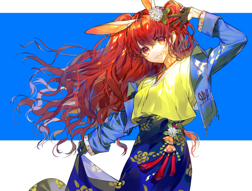 1girl :3 animal_ears black_gloves blush character_request closed_mouth copyright_request eyebrows_visible_through_hair gloves hayanse highres long_hair long_sleeves looking_at_viewer rabbit_ears red_eyes redhead scissors smile solo twintails v very_long_hair