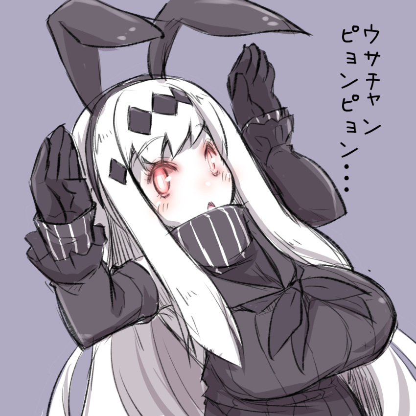 1girl :o aircraft_carrier_water_oni animal_ears arms_up bangs black_dress black_gloves black_hairband blush breasts bunny_pose detached_sleeves dress eyebrows_visible_through_hair fake_animal_ears gloves glowing glowing_eyes grey_background hair_ornament hairband highres kantai_collection large_breasts long_hair long_sleeves looking_at_viewer parted_lips rabbit_ears red_eyes ribbed_dress shinkaisei-kan simple_background sleeves_past_wrists solo translated turtleneck u-non_(annon'an) very_long_hair white_hair white_skin