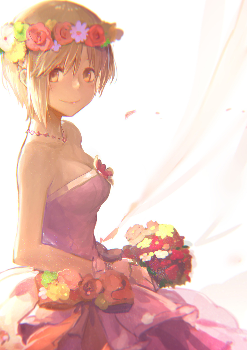 1girl absurdres aiba_yumi backlighting bare_shoulders blonde_hair blush bouquet bow breasts brown_eyes cleavage commentary_request dress flower flower_wreath highres holding holding_bouquet holysnow idolmaster idolmaster_cinderella_girls jewelry looking_at_viewer medium_breasts necklace petals pink_dress short_hair sleeveless sleeveless_dress smile solo