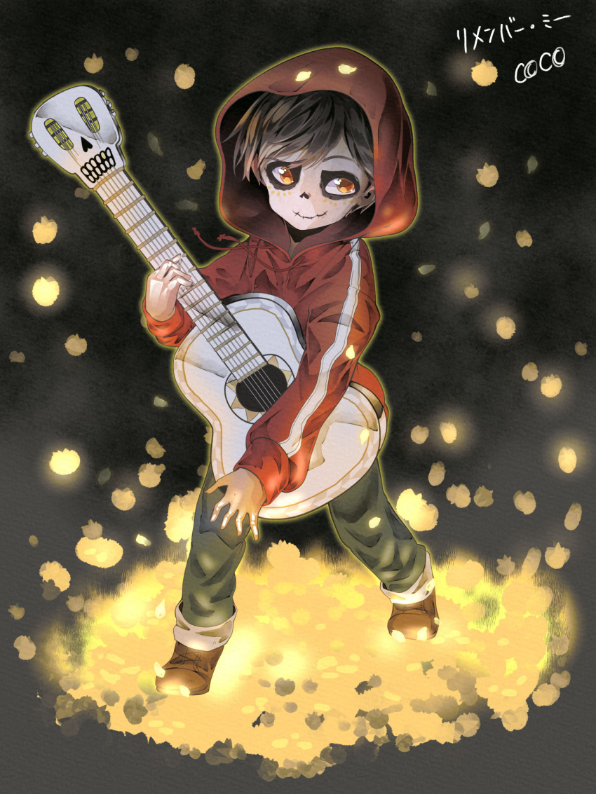 1boy acoustic_guitar black_hair brown_eyes coco_(disney) dark_skin disney flower guitar highres hood instrument marigold miguel_rivera music petals playing_instrument short_hair skull smile solo