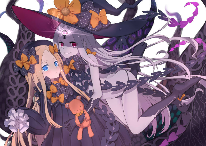 2girls abigail_williams_(fate/grand_order) absurdres ahase_hino black_bow black_dress black_gloves black_hat black_legwear black_panties blonde_hair blue_eyes blush bow carrying dress dual_persona elbow_gloves fate/grand_order fate_(series) gloves glowing glowing_eye grey_hair hair_bow hat hat_bow highres keyhole long_hair long_sleeves looking_at_viewer multiple_girls orange_bow pale_skin panties pixiv_fate/grand_order_contest_2 polka_dot polka_dot_bow red_eyes revealing_clothes skull_print sleeves_past_fingers sleeves_past_wrists smile stuffed_animal stuffed_toy teddy_bear teeth tentacle third_eye topless underwear very_long_hair white_bloomers witch_hat