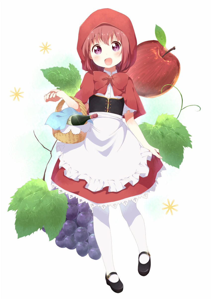 1girl akaza_akari apple basket blush bottle eyebrows_visible_through_hair food fruit grapes highres holding holding_basket little_red_riding_hood looking_at_viewer open_mouth pantyhose redhead short_hair short_sleeves smile solo toma_(shinozaki) violet_eyes white_legwear wine_bottle yuru_yuri