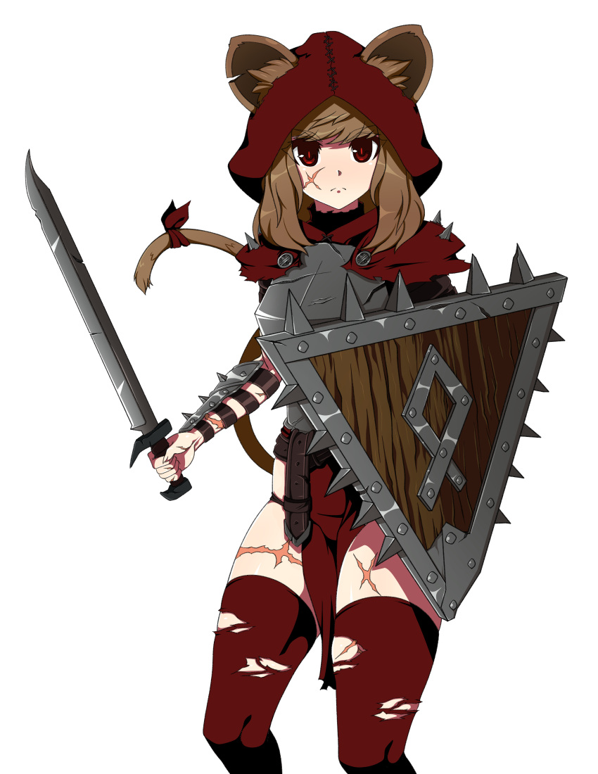 1girl absurdres animal_ears belt breastplate brown_hair closed_mouth ears_through_headwear eyebrows_visible_through_hair fighting_stance highres holding holding_sword holding_weapon hood hood_up mouse_ears mouse_girl mouse_tail original pelvic_curtain red_eyes red_legwear reddgeist scar shield simple_background skaven solo spikes standing sword tail thigh-highs torn_leggings vambraces warhammer_fantasy weapon white_background