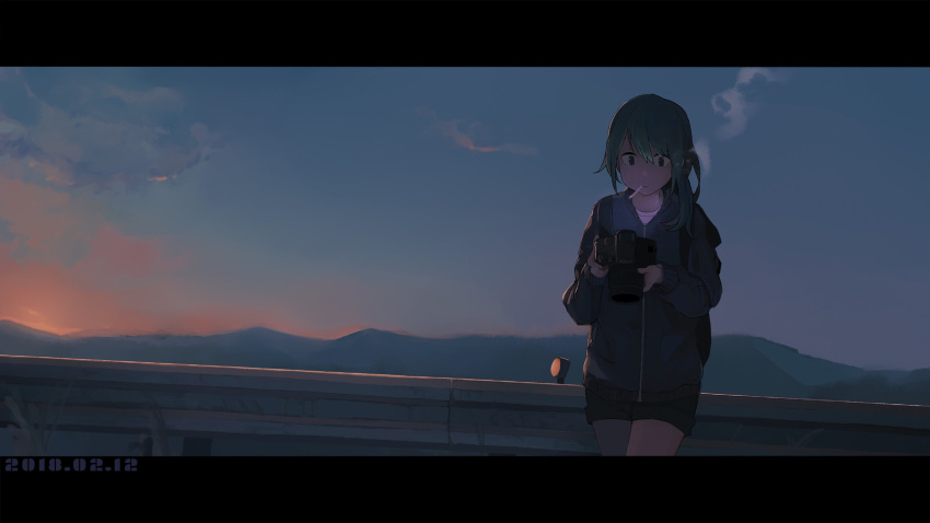 1girl air_kon backpack bag black_hair blurry brown_eyes camera cigarette clouds dark dated depth_of_field highres hill jacket letterboxed long_hair looking_down original railing shorts sky smoke smoking solo sunset