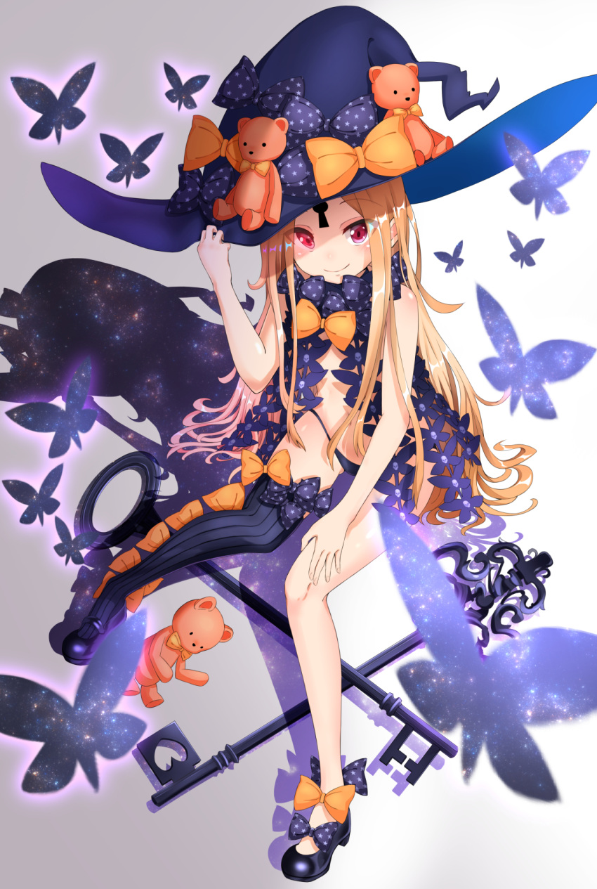 abigail_williams_(fate/grand_order) black_bow black_dress black_hat black_legwear black_panties blonde_hair bow bow_legwear bug butterfly dress fate/grand_order fate_(series) full_body hand_on_headwear hat hat_bow highres insect key keyhole long_hair looking_at_viewer mary_janes navel orange_bow oversized_object panties pixiv_fate/grand_order_contest_2 red_eyes revealing_clothes shadow shoes single_thighhigh sitting skull_print smile star star_print starry_sky_print stuffed_animal stuffed_toy teddy_bear thigh-highs underwear very_long_hair witch_hat