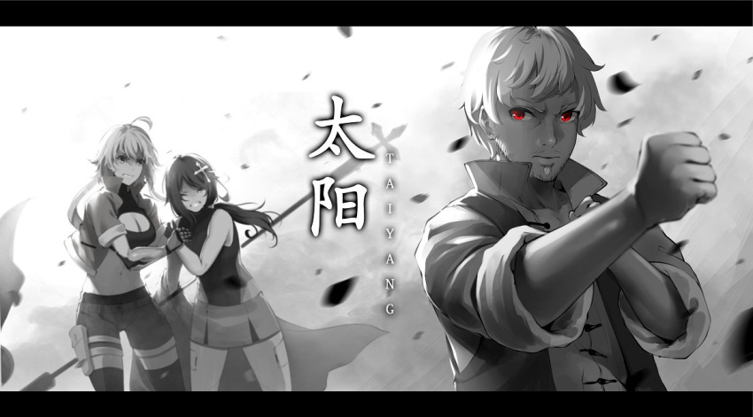 1boy 2girls alternate_costume alternate_hair_length alternate_hairstyle collar dust greyscale ip_man_(movie) lulu-chan92 martial_arts monochrome multiple_girls parody petals red_eyes ruby_rose rwby simple_background sleeves_folded_up taiyang_xiao_long yang_xiao_long