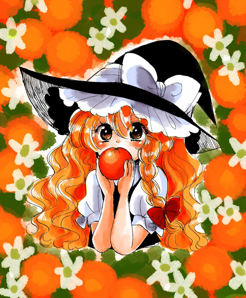 1girl black_dress black_hat blonde_hair blush bow braid commentary_request covering_mouth dress eyebrows_visible_through_hair eyes_visible_through_hair floral_background food fruit hair_bow hat hat_bow highres holding holding_food holding_fruit kirisame_marisa komaku_juushoku long_hair orange red_ribbon ribbon shirt short_sleeves side_braid single_braid solo touhou wavy_hair white_bow white_shirt witch_hat