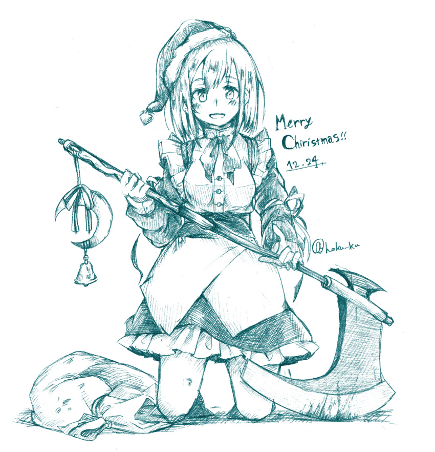 1girl :d axe bangs bell blush bow bowtie buttons character_request crescent dated eyebrows_visible_through_hair hat highres holding holding_axe holding_weapon kneeling looking_at_viewer maid merry_christmas monochrome open_mouth santa_hat short_hair simple_background smile solo touhou touhou_(pc-98) wadante weapon white_background
