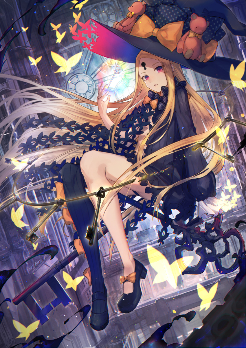 1girl abigail_williams_(fate/grand_order) asymmetrical_legwear bangs black_bow black_dress black_footwear black_hat black_legwear black_panties blonde_hair bow bug butterfly commentary_request dress eisuto fate/grand_order fate_(series) hair_bow hand_up hat highres insect key long_hair long_sleeves looking_at_viewer mary_janes orange_bow oversized_object panties parted_bangs parted_lips pixiv_fate/grand_order_contest_2 polka_dot polka_dot_bow red_eyes revealing_clothes shoes single_thighhigh sleeves_past_fingers sleeves_past_wrists solo stuffed_animal stuffed_toy teddy_bear thigh-highs underwear very_long_hair