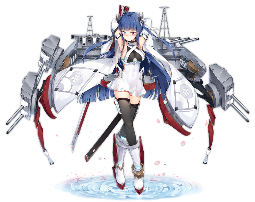 1girl armpits arms_behind_head arms_up azur_lane blue_hair boots breasts cannon detached_sleeves full_body glowing glowing_eyes heterochromia horns ibuki_(azur_lane) large_breasts long_hair looking_at_viewer maya_g official_art solo sword thigh-highs transparent_background water weapon world_of_warships