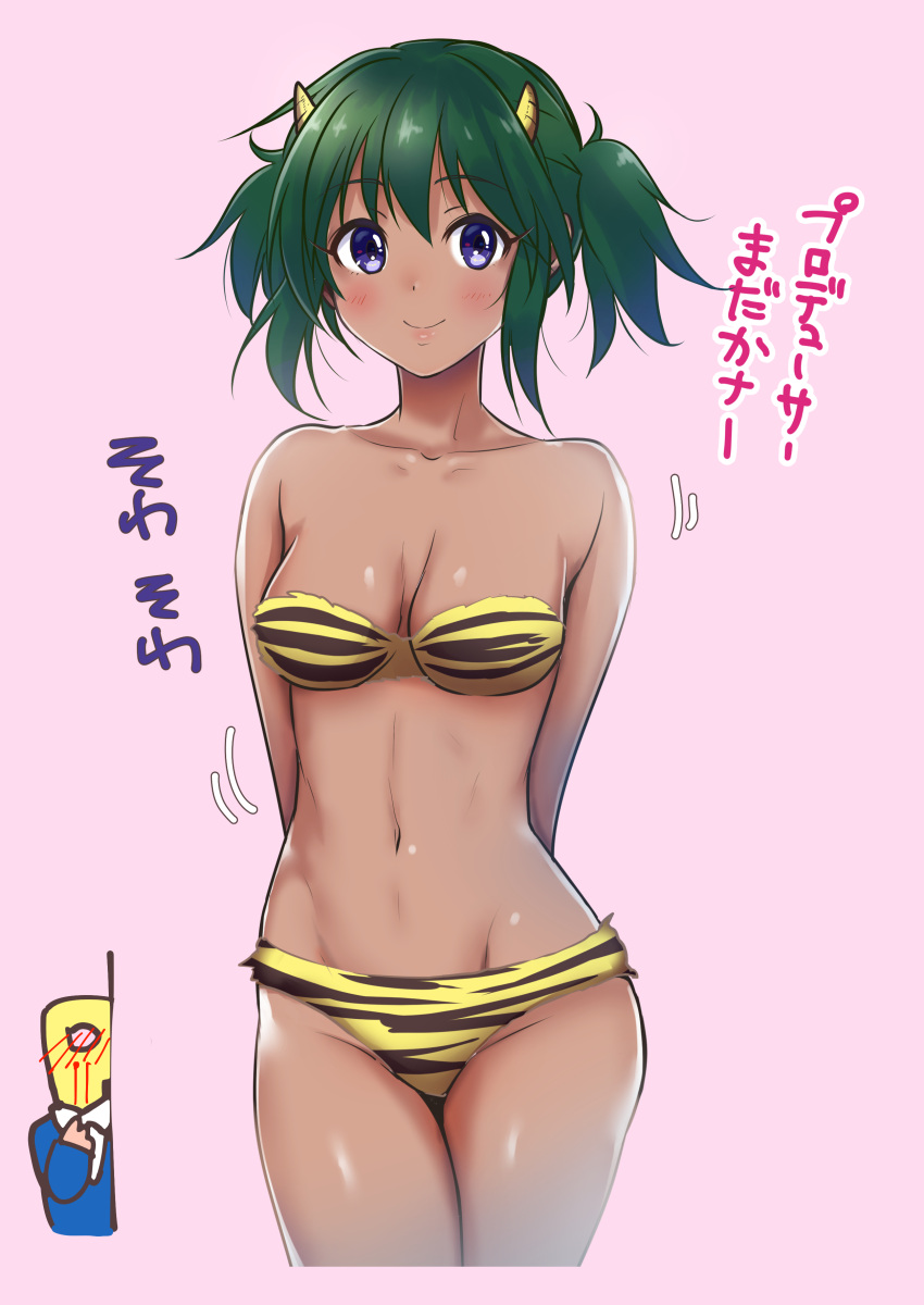 1girl absurdres animal_print arms_behind_back bare_shoulders blood blush breasts collarbone commentary_request dark_skin green_hair highres horns idolmaster idolmaster_cinderella_girls large_breasts looking_at_viewer natalia_(idolmaster) nosebleed oni_costume p-head_producer short_hair smile solo strapless strapless_bikini tiger_print translated twintails violet_eyes yuki_sizuku