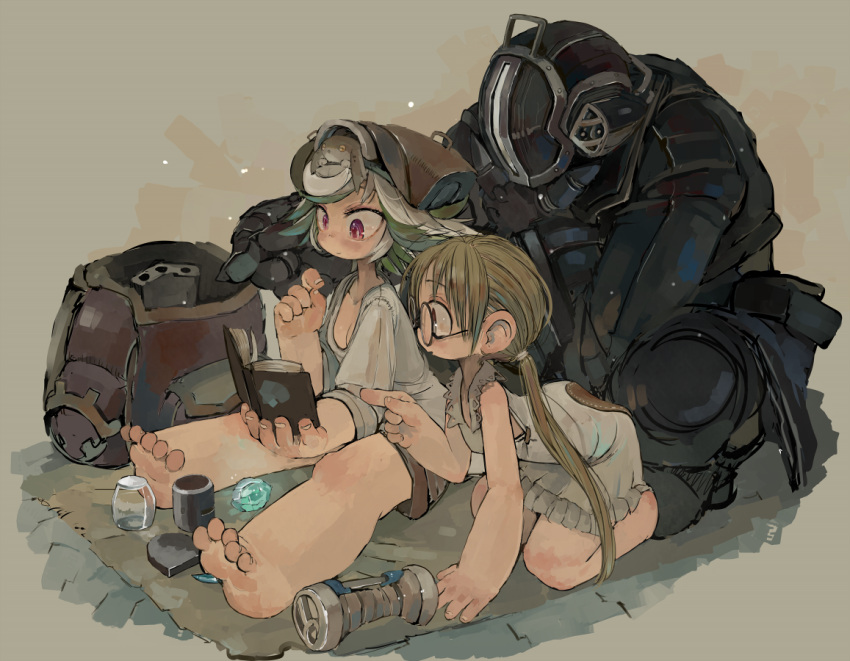 1boy 2girls bare_legs beige_background black_coat black_pants blonde_hair bondrewd book breasts brown_background child cleavage ear ebimomo glasses gloves glowing hat helmet holding holding_book long_hair long_sleeves made_in_abyss multiple_girls pants pointing prushka reading red_eyes riko_(made_in_abyss) rug short_hair sitting sleeveless stone white_hair