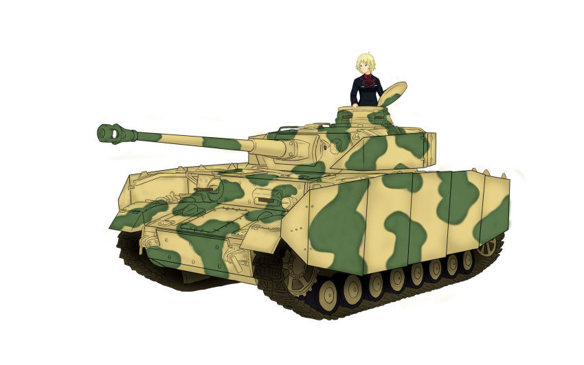 1girl blonde_hair graphite_(medium) green_eyes ground_vehicle highres military military_uniform military_vehicle motor_vehicle original panzerkampfwagen_iv ran052 short_hair smile tank traditional_media uniform white_background