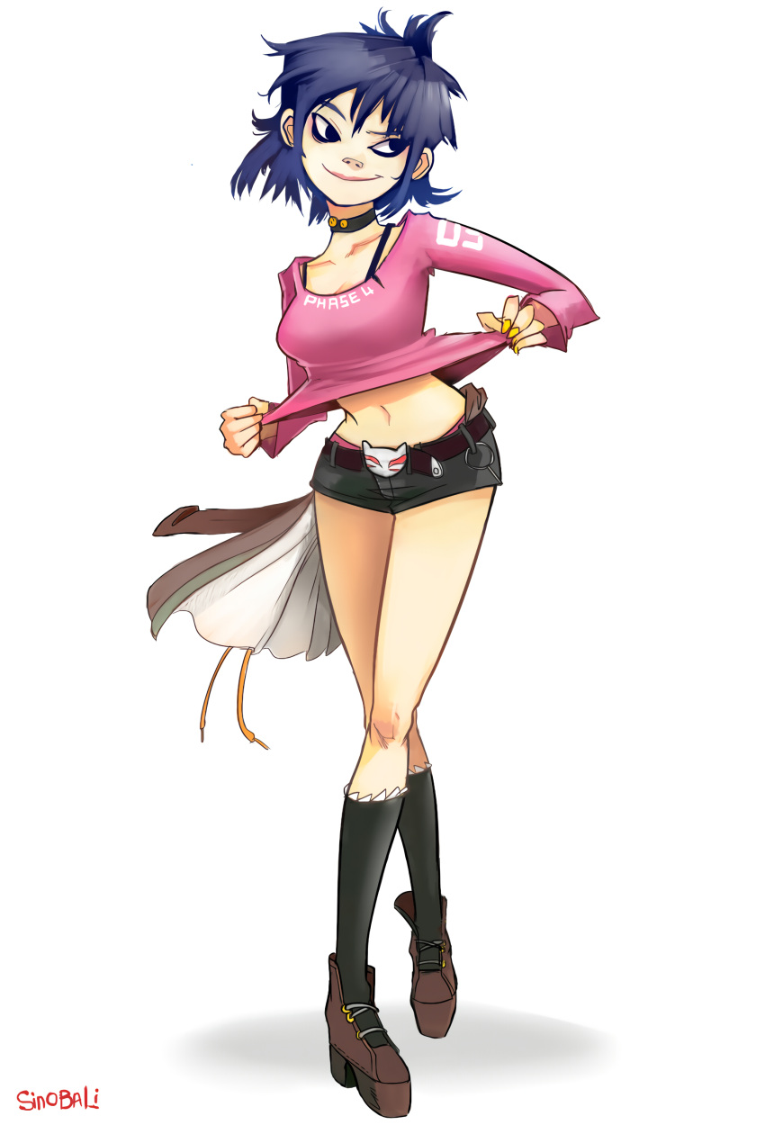 1girl absurdres belt belt_buckle black_choker black_eyes black_legwear blue_hair bra_strap breasts buckle choker clothes_around_waist eyeliner full_body gorillaz highres kneehighs makeup medium_breasts nail_polish navel noodle_(gorillaz) platform_boots shirt_tug short_hair short_shorts shorts sinobali smile solo standing teenage white_background yellow_nails