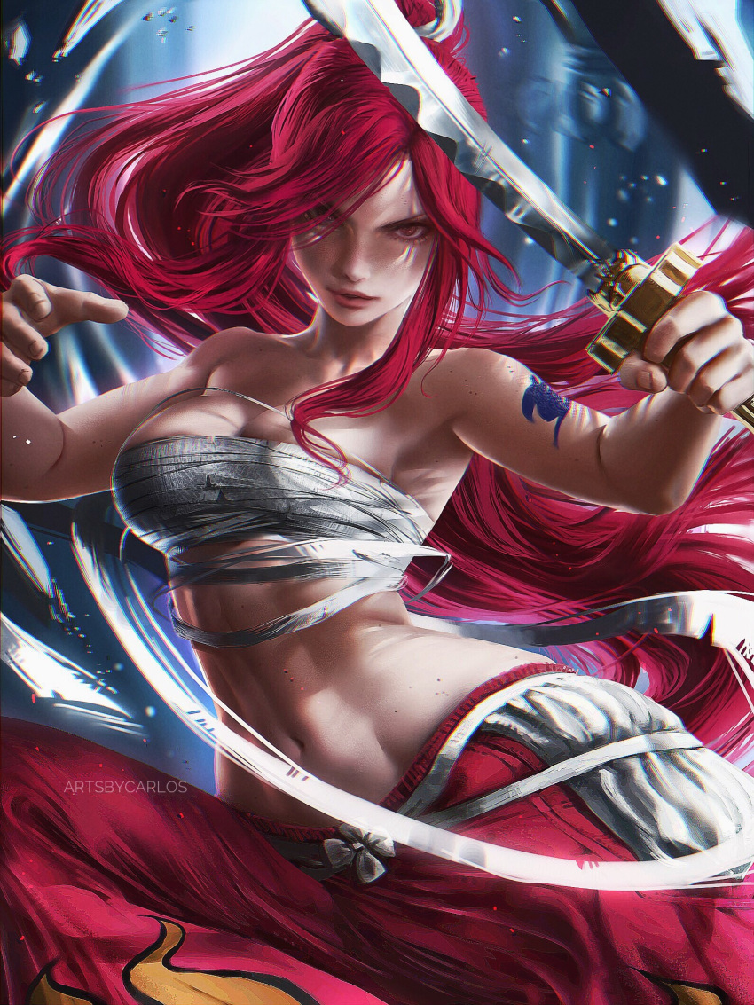 1girl alternate_costume armpits artist_name bandage bangs bare_arms bare_shoulders bow breasts carlos_miguel cleavage collarbone commentary cowboy_shot erza_scarlet facing_viewer fairy_tail fighting_stance hair_bow hakama highres holding holding_sword holding_weapon japanese_clothes katana large_breasts long_hair navel no_shirt ponytail red_hakama redhead sarashi stomach swept_bangs sword tattoo very_long_hair waist weapon