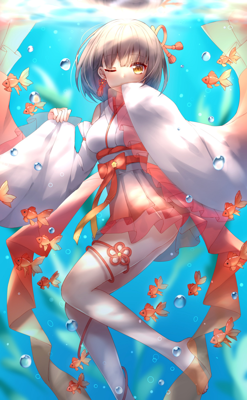1girl absurdres air_bubble animal bangs bare_shoulders barefoot blurry blurry_background bow brown_eyes brown_hair bubble commentary_request covered_mouth depth_of_field detached_sleeves eyebrows_visible_through_hair fingernails fish goldfish hair_ribbon hakama_skirt highres japanese_clothes kimono long_hair long_sleeves one_eye_closed orange_ribbon original outdoors personification pinching_sleeves pleated_skirt red_bow red_skirt ribbon see-through short_kimono skirt sleeveless sleeveless_kimono sll solo underwater white_kimono wide_sleeves