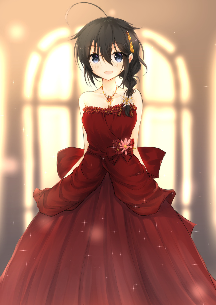 1girl :d absurdres ahoge bangs bare_shoulders black_hair blue_eyes blurry blurry_background blush braid breasts collarbone commentary_request dress eyebrows_visible_through_hair flower gem hair_between_eyes hair_flaps hair_flower hair_ornament hair_over_shoulder hairpin highres jewelry kantai_collection long_dress long_hair medium_breasts open_mouth pendant red_dress remodel_(kantai_collection) shigure_(kantai_collection) single_braid smile solo sparkle standing strapless strapless_dress uzuki_tsukuyo window