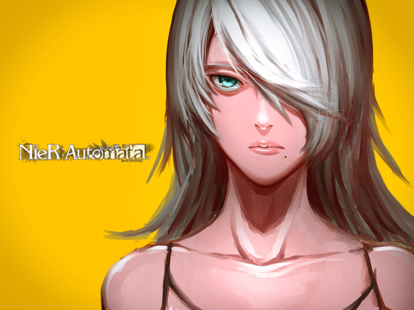 android bangs blue_eyes collarbone face facing_viewer highres long_hair looking_at_viewer mole mole_under_mouth nier_(series) nier_automata one_eye_covered pink_lips robot_joints rv86qxhg2jh0dihr6t3j silver_hair swept_bangs tank_top title yellow_background yorha_type_a_no._2