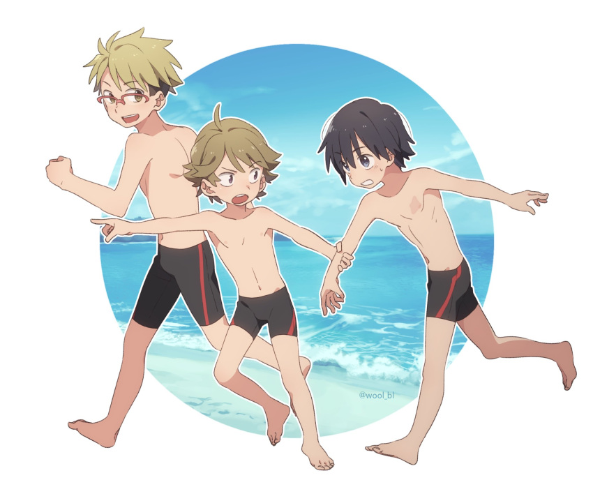 3boys ahoge barefoot beach black_hair black_swimsuit blonde_hair blue_eyes brown_hair circle darling_in_the_franxx glasses gorou_(darling_in_the_franxx) highres hiro_(darling_in_the_franxx) keitomato looking_at_another male_focus male_swimwear multiple_boys nipples ocean pointing red-framed_eyewear running scar seaside single_vertical_stripe smile swim_trunks swimsuit swimwear twitter_username violet_eyes yellow_eyes zorome_(darling_in_the_franxx)