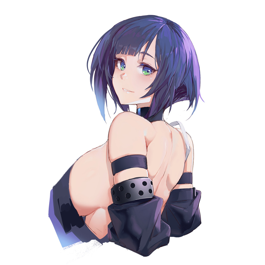 1girl arm_strap back bangs bare_back bare_shoulders breasts choker detached_sleeves green_eyes highres large_breasts light_smile looking_at_viewer looking_back neisa_(pandea_work) original pandea_work purple_hair short_hair sideboob single_strap skindentation solo upper_body white_background