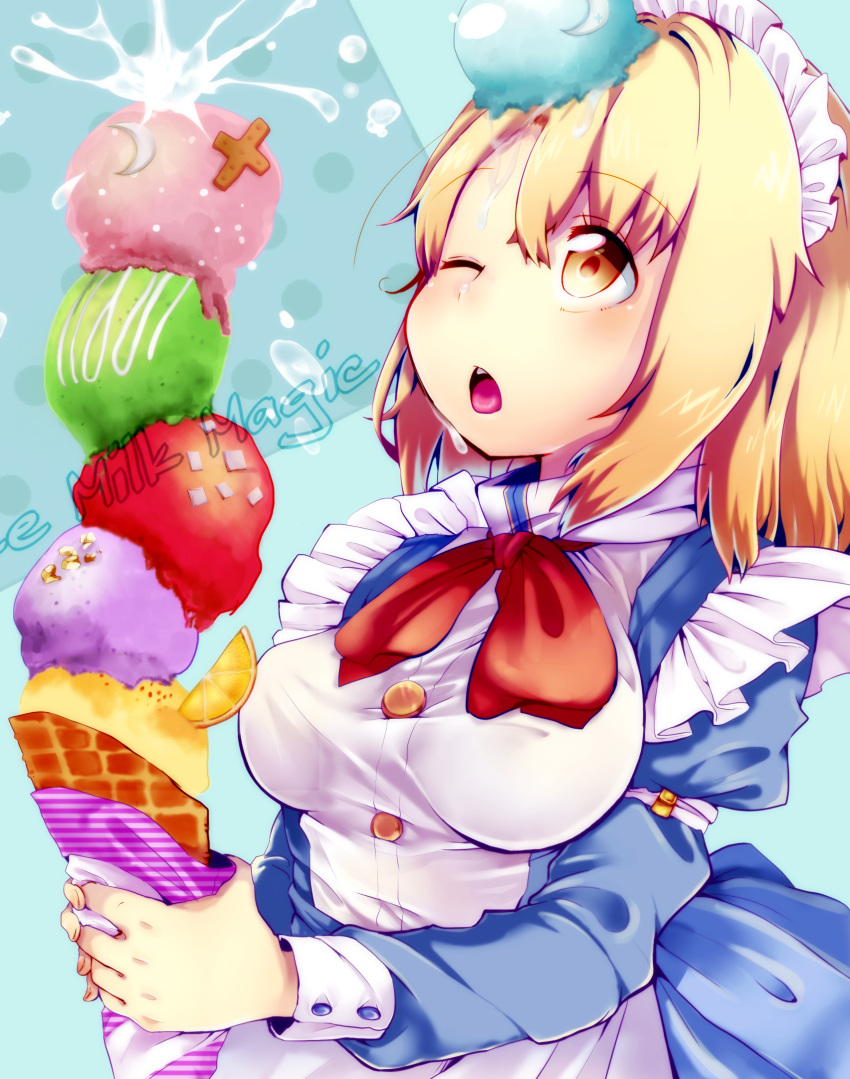 1girl bangs blonde_hair blue_background bow bowtie breasts buttons commentary_request eyebrows_visible_through_hair food food_on_face fruit highres holding ice_cream_cone long_sleeves maid maid_headdress medium_breasts mugetsu one_eye_closed open_mouth orange orange_slice red_neckwear short_sleeves solo touhou touhou_(pc-98) upper_body wadante yellow_eyes