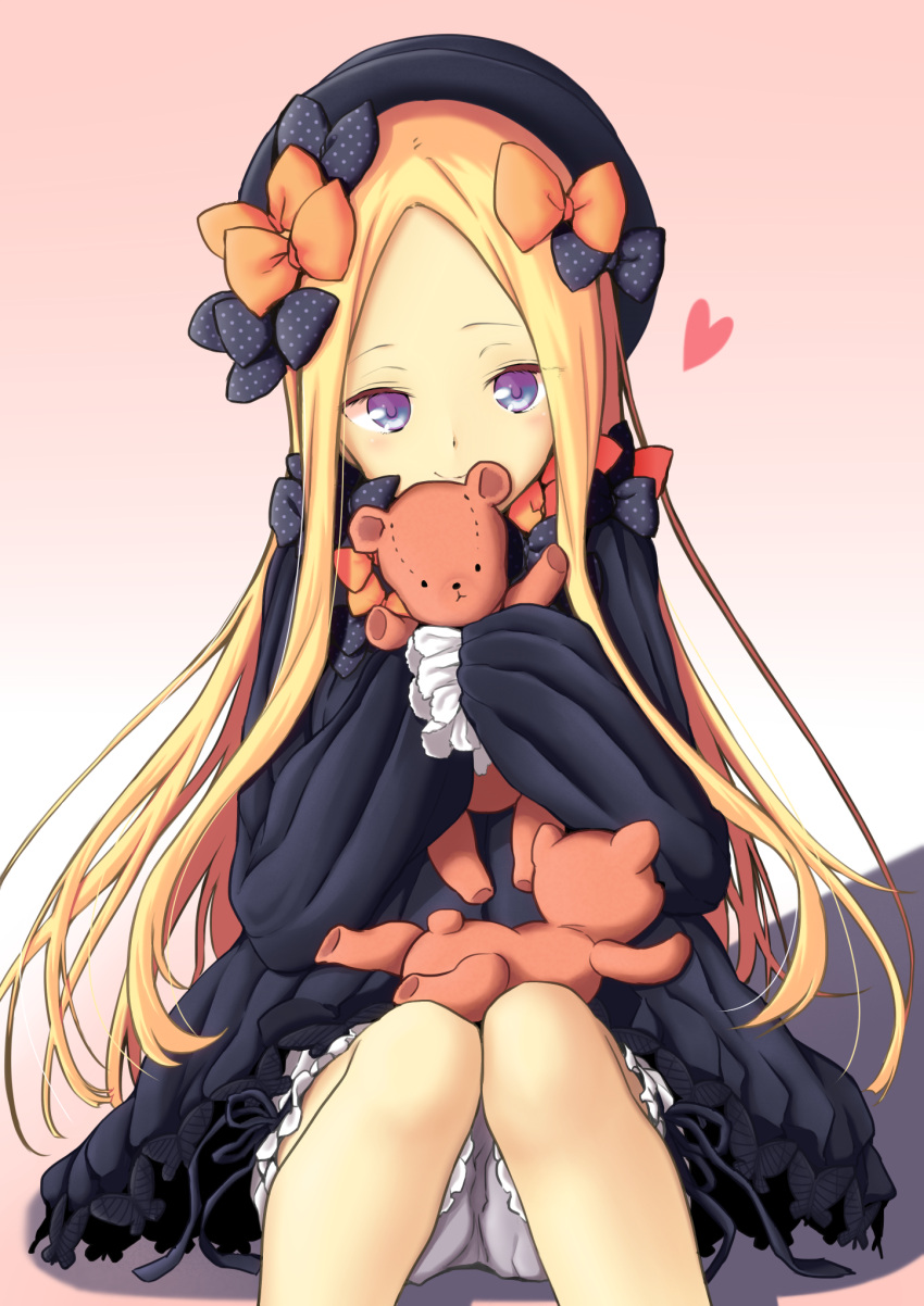 1girl abigail_williams_(fate/grand_order) asagi_nanami bangs black_bow black_dress black_hat blonde_hair bloomers blue_eyes bow bug butterfly closed_mouth dress fate/grand_order fate_(series) forehead gradient gradient_background hair_bow hat head_tilt heart highres insect long_hair long_sleeves looking_at_viewer object_hug orange_bow parted_bangs pink_background polka_dot polka_dot_bow sleeves_past_fingers sleeves_past_wrists smile solo stuffed_animal stuffed_toy teddy_bear underwear very_long_hair white_background white_bloomers
