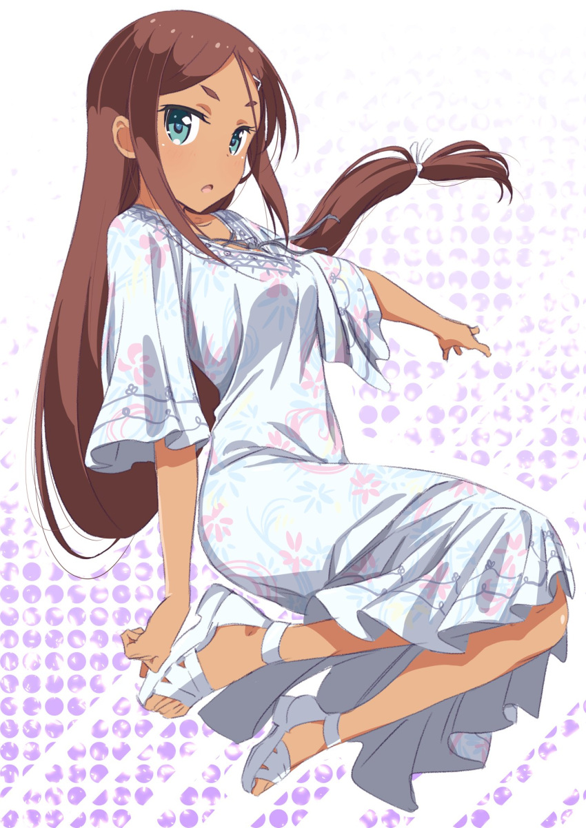 1girl ahagon_umiko blue_eyes brown_hair dark_skin dress floating_hair floral_print full_body hair_ornament hair_ribbon highres long_hair looking_at_viewer low-tied_long_hair new_game! open_mouth outstretched_arm pink_x ribbon solo sundress very_long_hair white_dress white_ribbon