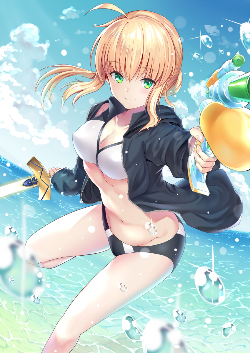 1girl ahoge artoria_pendragon_(all) artoria_pendragon_(swimsuit_archer) bangs bikini black_jacket blonde_hair blue_sky braid breasts cleavage day excalibur eyebrows_visible_through_hair fate/grand_order fate_(series) glowing glowing_sword glowing_weapon green_eyes highres holding holding_sword holding_weapon jacket looking_at_viewer medium_breasts nagiha_kuten navel ocean open_clothes open_jacket sky smile solo splashing swimsuit sword water_gun weapon white_bikini