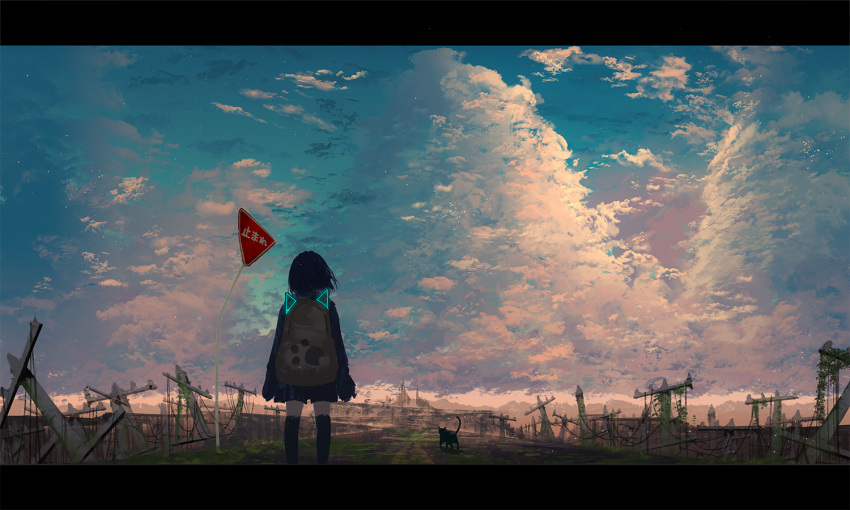 1girl black_cat black_hair black_shorts black_thighhighs cat chocoshi clouds cloudy_sky commentary_request feet_out_of_frame floating_hair from_behind grey_eyes horizon letterboxed moss original outdoors plant power_lines road road_sign ruins scenery short_hair shorts sign silhouette sky sleeves_past_wrists solo standing star_(sky) starry_sky stop_sign sunset thigh-highs utility_pole vines