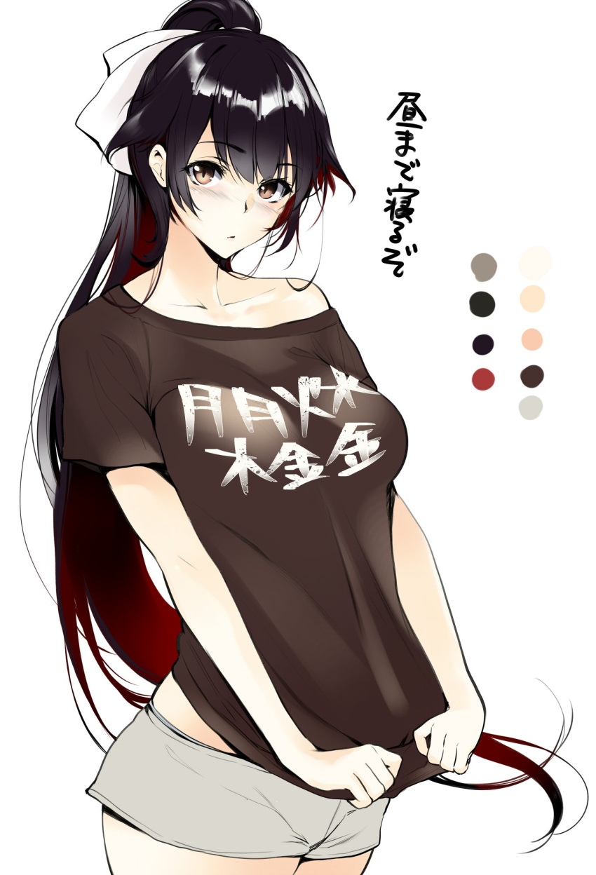 1girl azur_lane black_hair blush bow breasts brown_eyes brown_shirt casual closed_mouth collarbone cowboy_shot eyebrows_visible_through_hair facing_viewer grey_shorts hair_bow hair_flaps highres holding_shirt large_breasts looking_at_viewer multicolored_hair palette ponytail shirt shirt_pull short_shorts short_sleeves shorts takao_(azur_lane) translation_request warabino_matsuri white_bow