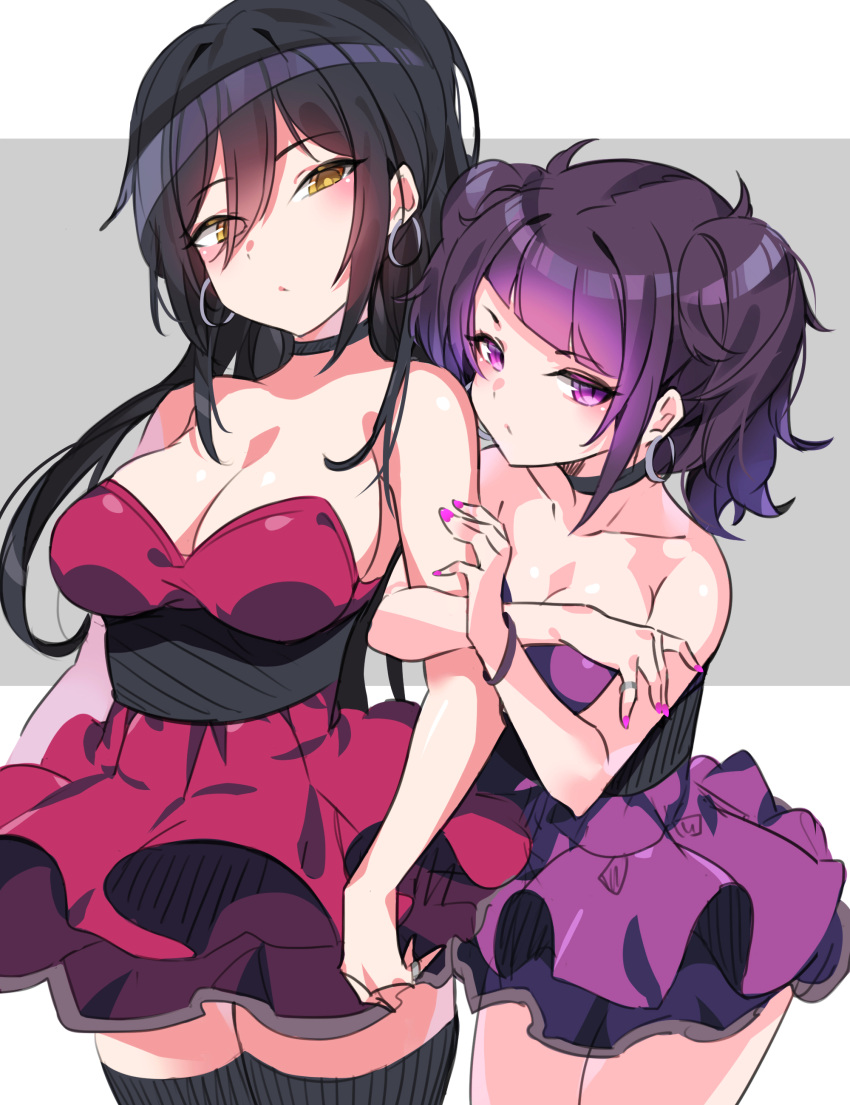 2girls absurdres arm_hug bangs bare_shoulders black_choker black_hair black_legwear breasts brown_eyes choker cleavage closed_mouth diagonal_bangs dress earrings eyebrows_visible_through_hair fingernails hair_between_eyes head_tilt highres hoop_earrings idolmaster idolmaster_shiny_colors jewelry long_hair looking_at_viewer medium_breasts multiple_girls nail_polish pink_nails purple_dress purple_hair red_dress ring shirase_sakuya small_breasts strapless strapless_dress tanaka_mamimi tem10 thigh-highs very_long_hair violet_eyes