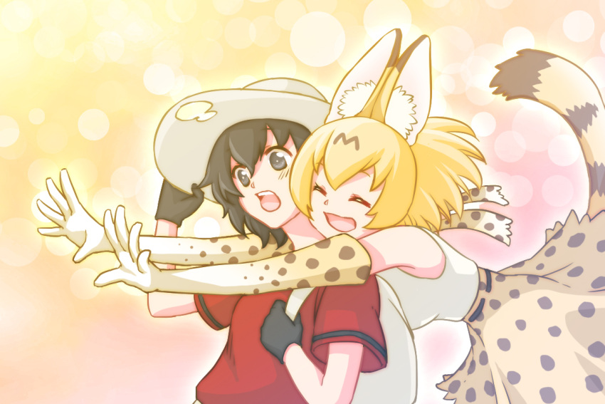 2girls animal_ears backpack bag black_eyes black_hair blonde_hair closed_eyes elbow_gloves gloves hat hug hug_from_behind inukoro_(spa) kaban_(kemono_friends) kemono_friends multiple_girls open_mouth serval_(kemono_friends) serval_ears serval_print serval_tail short_hair skirt sleeveless smile tackle tail