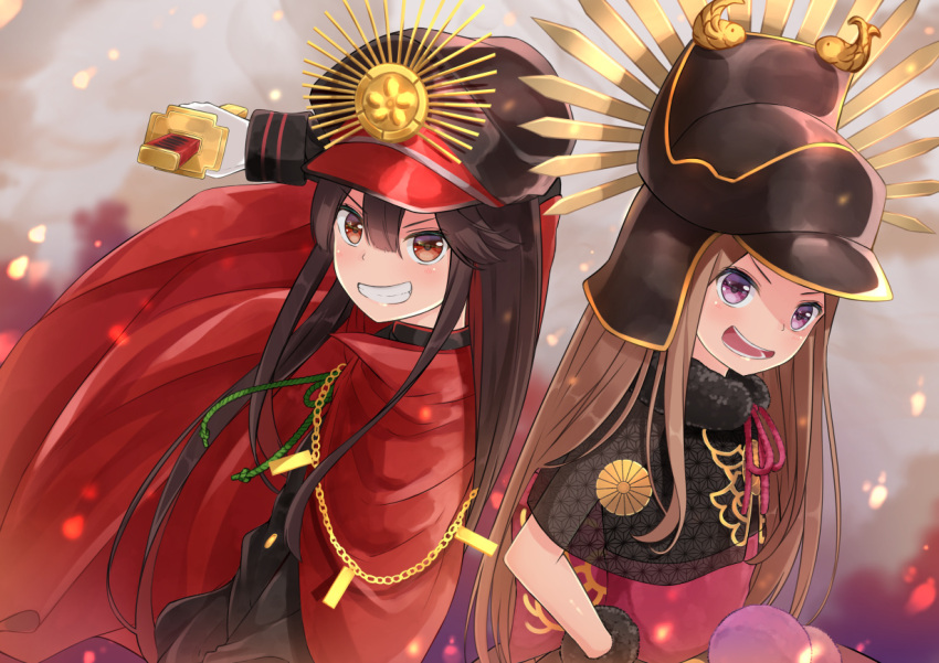 2girls arm_up bangs black_capelet black_hat black_jacket brown_hair cape capelet chacha_(fate/grand_order) commentary_request dutch_angle eyebrows_visible_through_hair family_crest fate/grand_order fate_(series) fur_collar gloves grin hair_between_eyes hand_on_hip hat holding holding_sword holding_weapon jacket katana koha-ace long_hair long_sleeves looking_at_viewer miko_fly military_hat multiple_girls oda_nobunaga_(fate) oda_uri peaked_cap pixiv_fate/grand_order_contest_2 red_cape red_eyes see-through smile sword very_long_hair violet_eyes weapon white_gloves