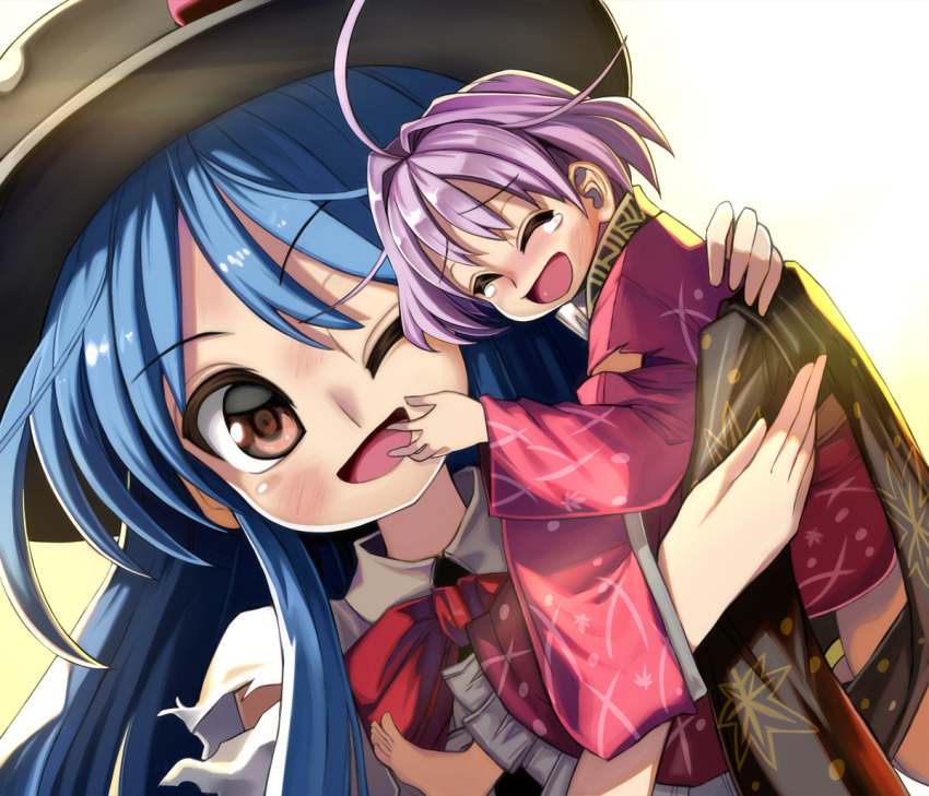 2girls ;d ahoge bangs barefoot blue_hair blush bowl bowl_hat closed_eyes commentary_request dutch_angle eyebrows_visible_through_hair hair_between_eyes hand_on_another's_back hand_on_another's_face happy hat hinanawi_tenshi japanese_clothes kimono lifting_person long_hair looking_at_viewer minigirl multiple_girls obi one_eye_closed open_mouth purple_hair red_eyes sash shirt shope short_hair simple_background smile sukuna_shinmyoumaru tears torn_clothes torn_sleeves touhou upper_body very_long_hair white_background white_shirt