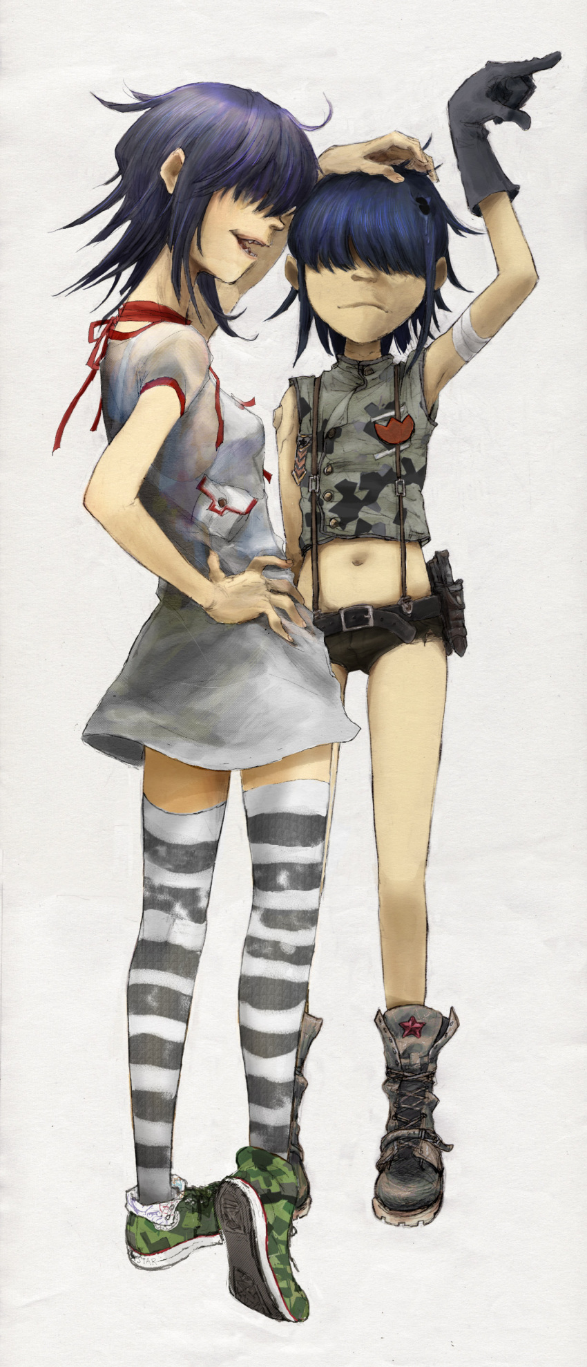 2girls absurdres bangs black_gloves black_hair boots breasts clone combat_boots commentary cyborg cyborg_noodle_(gorillaz) dress english_commentary flower gloves gorillaz hair_over_one_eye hand_on_another's_head hand_on_hip highres hole_in_head holster midriff multiple_girls navel noodle_(gorillaz) noripie pointing robot_joints sharp_teeth shoes short_dress short_hair short_shorts shorts small_breasts sneakers striped striped_legwear suspender_shorts suspenders teeth thigh-highs zettai_ryouiki