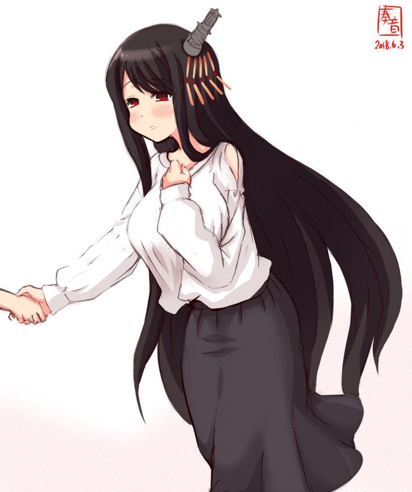 1girl alternate_costume artist_logo black_hair black_skirt blouse commentary_request dated fusou_(kantai_collection) hand_on_own_chest highres kanon_(kurogane_knights) kantai_collection long_hair long_skirt long_sleeves red_eyes simple_background skirt solo white_background white_blouse