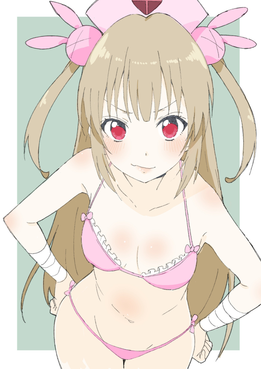 1girl absurdres bandage bikini blush bow bunny_hair_ornament closed_mouth collarbone donguri_suzume frilled_bikini_top from_above groin hair_ornament hands_on_hips hat highres light_brown_hair looking_at_viewer midriff natori_sana navel nurse_cap pink_bow pink_hat red_eyes sana_channel side-tie_bikini solo swimsuit thighs two_side_up virtual_youtuber wavy_mouth
